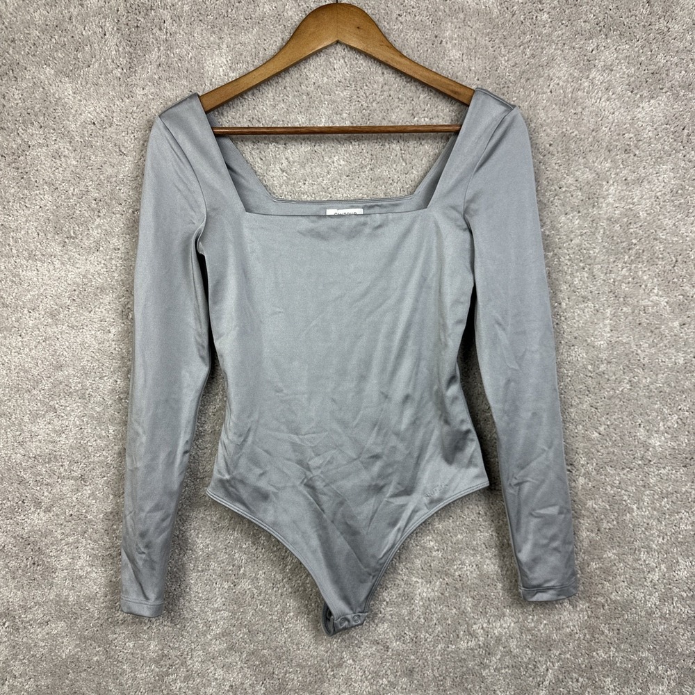 Contour Aritzia Small Metallic Gray Long‎ Sleeve Square Neck Thong Bodysuit